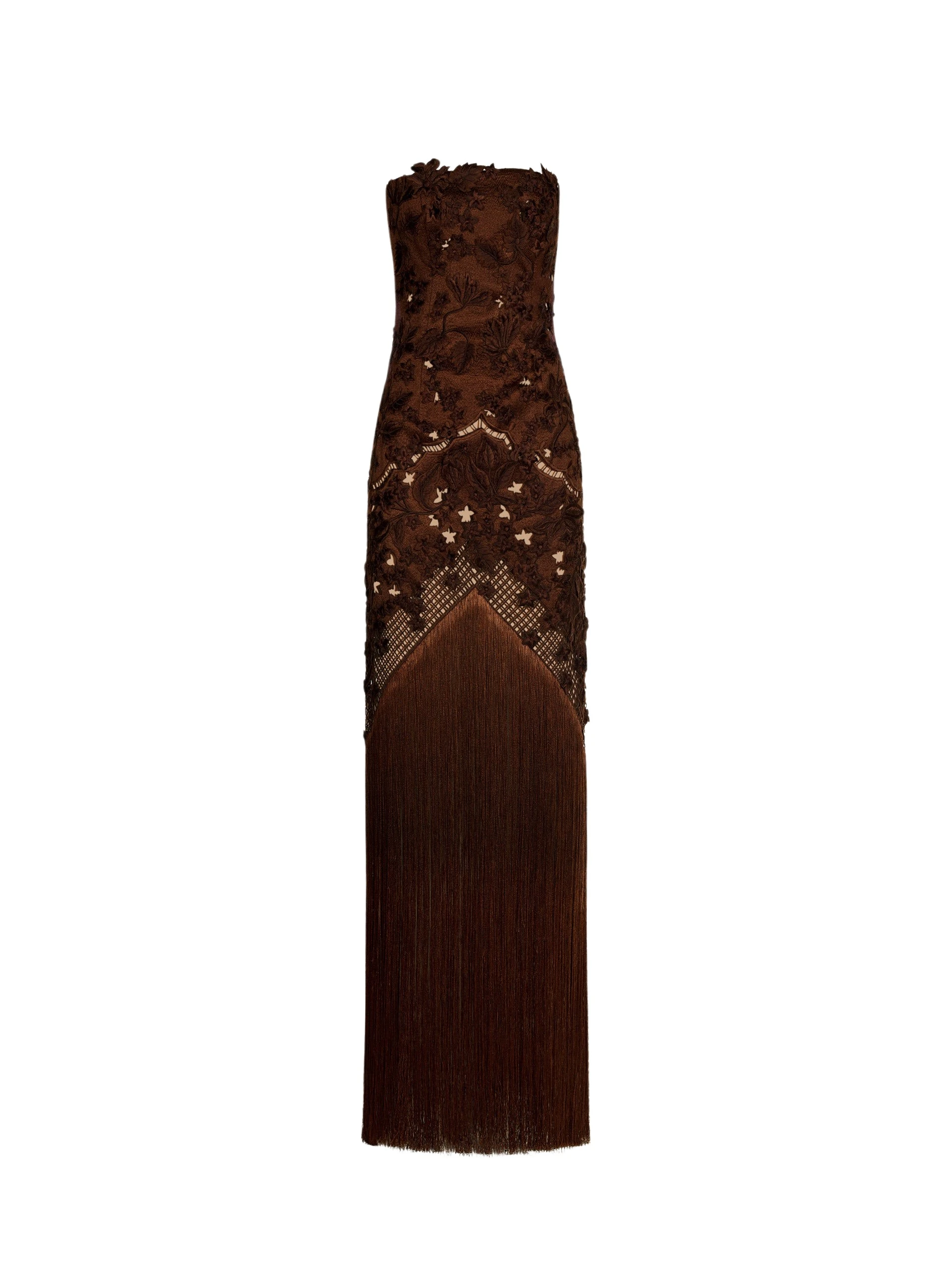 Oscar de la Renta Porcelain Flower Lattice Fringe Gown - Dresses - American Luxury Evening Wear at Coveti