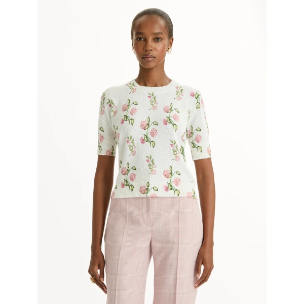 Oscar de la Renta Porcelain Flower-Printed Embroidered Pullover - Knitwear - American Luxury Evening Wear at Coveti
