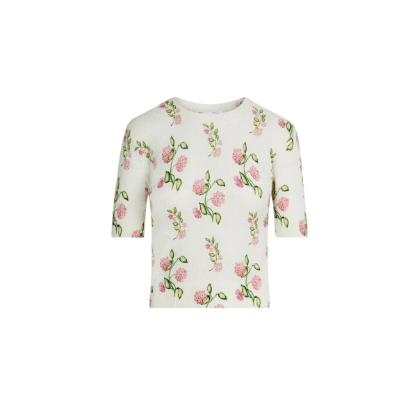 Oscar de la Renta Porcelain Flower-Printed Embroidered Pullover - Knitwear - American Luxury Evening Wear at Coveti