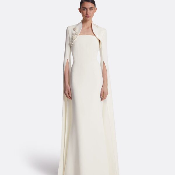Safiyaa Amari Ivory Harness & Soshin Dress With Carnation Embroidery - Safiyaa Dresses - Heavy Crepe Cape Gown - Shop at Coveti