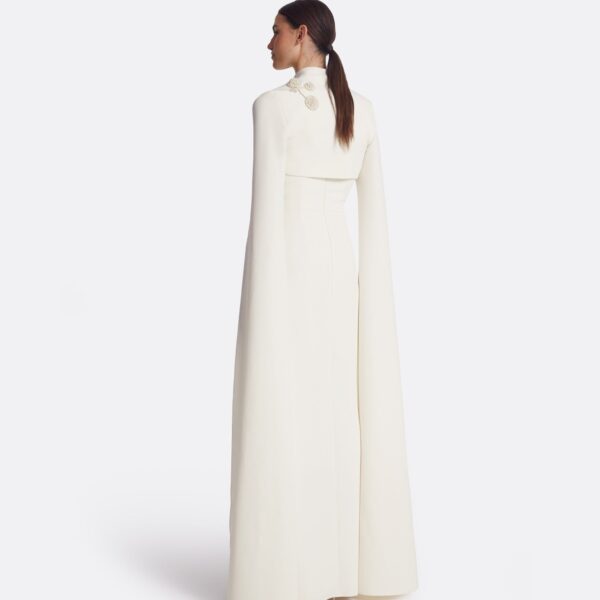 Safiyaa Amari Ivory Harness & Soshin Dress With Carnation Embroidery - Safiyaa Dresses - Heavy Crepe Cape Gown - Shop at Coveti