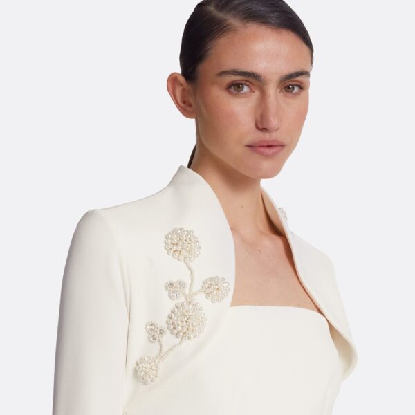 Safiyaa Amari Ivory Harness & Soshin Dress With Carnation Embroidery - Safiyaa Dresses - Heavy Crepe Cape Gown - Shop at Coveti