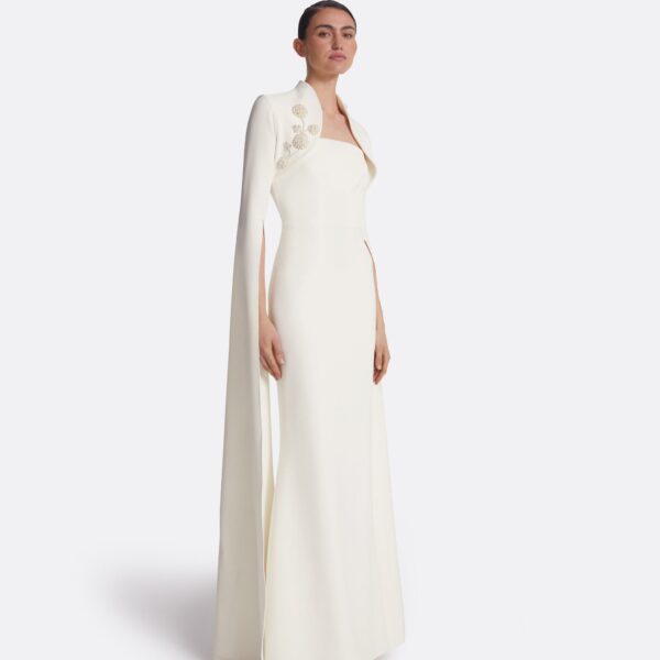 Safiyaa Amari Ivory Harness & Soshin Dress With Carnation Embroidery - Safiyaa Dresses - Heavy Crepe Cape Gown - Shop at Coveti