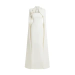 Safiyaa Amari Ivory Harness & Soshin Dress With Carnation Embroidery - Safiyaa Dresses - Heavy Crepe Cape Gown - Shop at Coveti