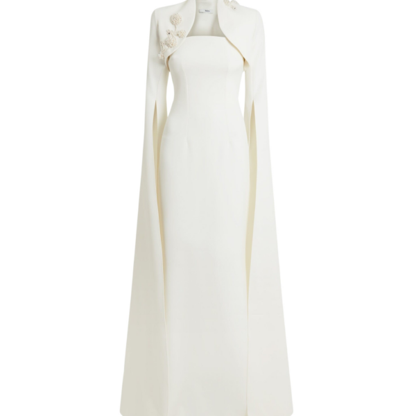 Safiyaa Amari Ivory Harness & Soshin Dress With Carnation Embroidery - Safiyaa Dresses - Heavy Crepe Cape Gown - Shop at Coveti