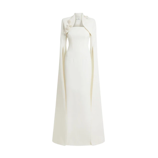 Safiyaa Amari Ivory Harness & Soshin Dress With Carnation Embroidery - Safiyaa Dresses - Heavy Crepe Cape Gown - Shop at Coveti