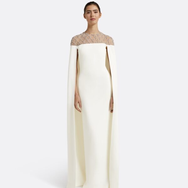 Safiyaa Ambere Ivory Long Dress - Safiyaa Dresses - Heavy Crepe Cape Gown - Shop at Coveti