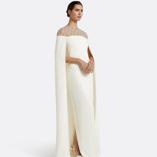 Safiyaa Ambere Ivory Long Dress - Safiyaa Dresses - Heavy Crepe Cape Gown - Shop at Coveti