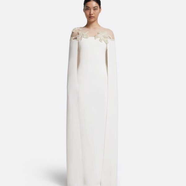 Safiyaa Ambere Long Dress in Ivory with Pearl Embroidery - Safiyaa Dresses - Heavy Crepe Cape Gown - Shop at Coveti