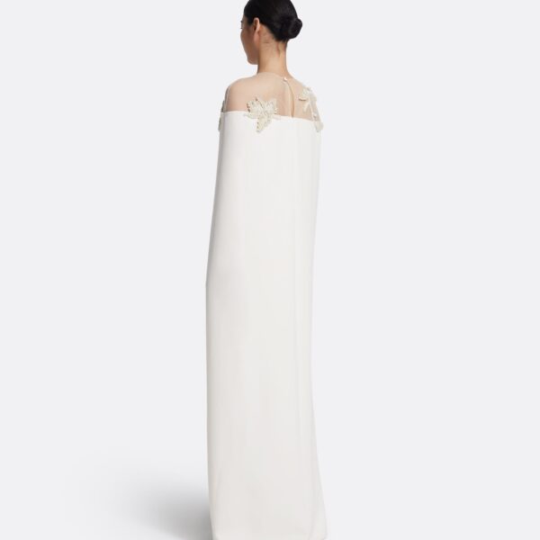 Safiyaa Ambere Long Dress in Ivory with Pearl Embroidery - Safiyaa Dresses - Heavy Crepe Cape Gown - Shop at Coveti