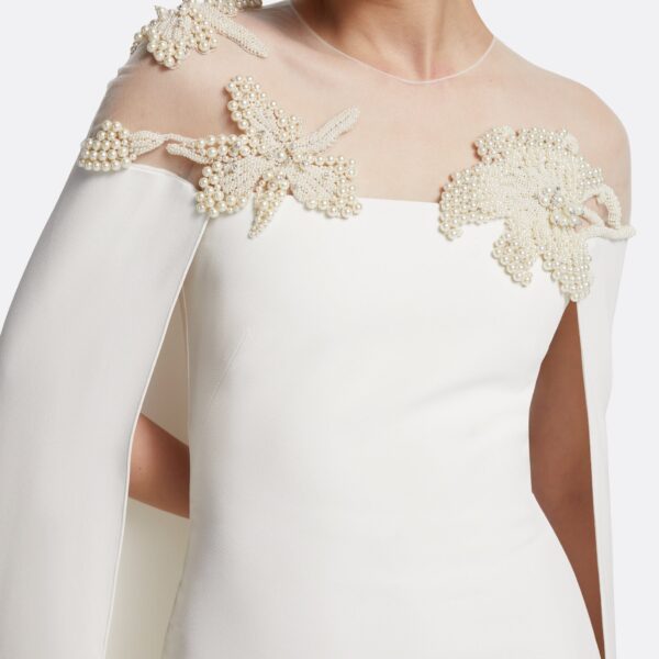 Safiyaa Ambere Long Dress in Ivory with Pearl Embroidery - Safiyaa Dresses - Heavy Crepe Cape Gown - Shop at Coveti
