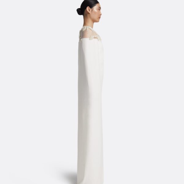 Safiyaa Ambere Long Dress in Ivory with Pearl Embroidery - Safiyaa Dresses - Heavy Crepe Cape Gown - Shop at Coveti