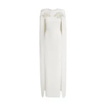 Safiyaa Ambere Long Dress in Ivory with Pearl Embroidery - Safiyaa Dresses - Heavy Crepe Cape Gown - Shop at Coveti