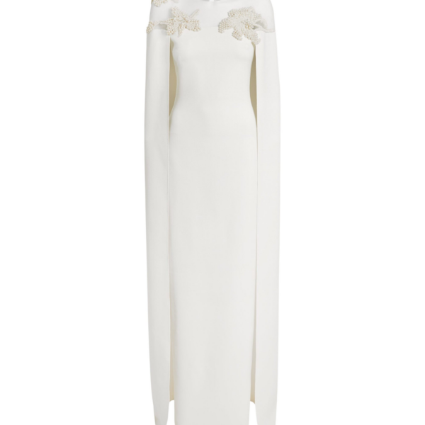 Safiyaa Ambere Long Dress in Ivory with Pearl Embroidery - Safiyaa Dresses - Heavy Crepe Cape Gown - Shop at Coveti