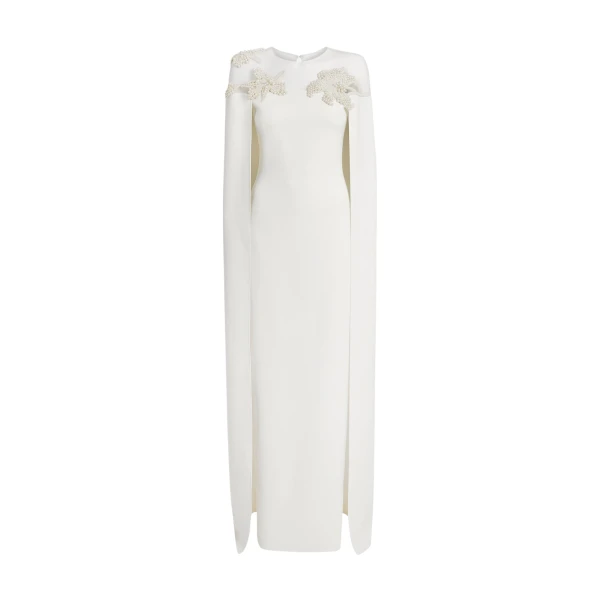 Safiyaa Ambere Long Dress in Ivory with Pearl Embroidery - Safiyaa Dresses - Heavy Crepe Cape Gown - Shop at Coveti
