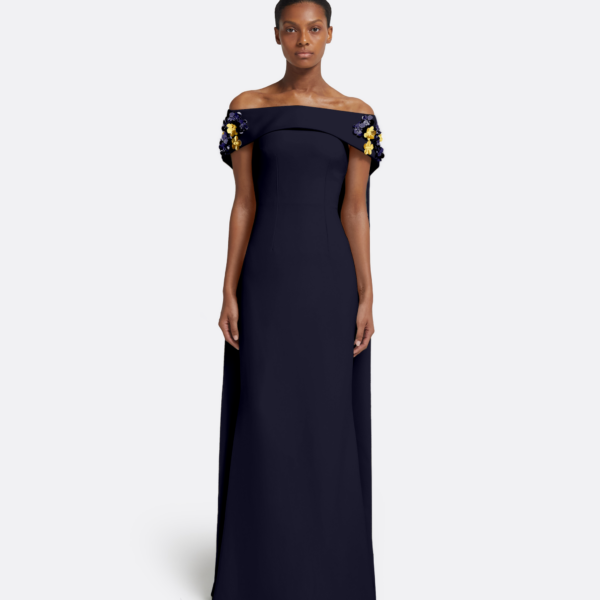 Safiyaa Arabella Harness With Soshin Dress in Azurite - Safiyaa Dresses - Heavy Crepe Cape Gown - Shop at Coveti
