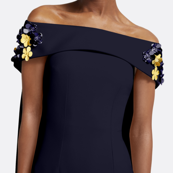 Safiyaa Arabella Harness With Soshin Dress in Azurite - Safiyaa Dresses - Heavy Crepe Cape Gown - Shop at Coveti