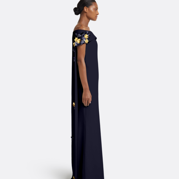 Safiyaa Arabella Harness With Soshin Dress in Azurite - Safiyaa Dresses - Heavy Crepe Cape Gown - Shop at Coveti