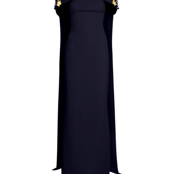 Safiyaa Arabella Harness With Soshin Dress in Azurite - Safiyaa Dresses - Heavy Crepe Cape Gown - Shop at Coveti