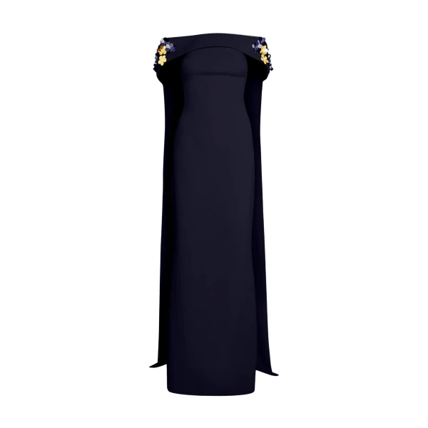 Safiyaa Arabella Harness With Soshin Dress in Azurite - Safiyaa Dresses - Heavy Crepe Cape Gown - Shop at Coveti