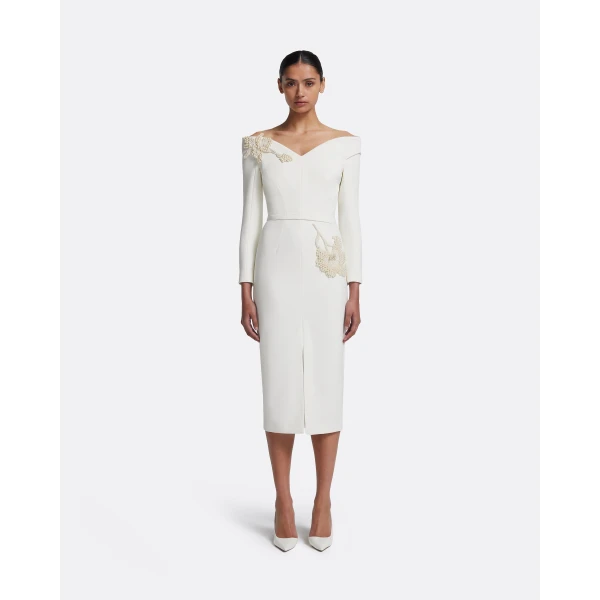 Safiyaa Asuman Midi Dress in Ivory with Pearl Embroidery, view 2