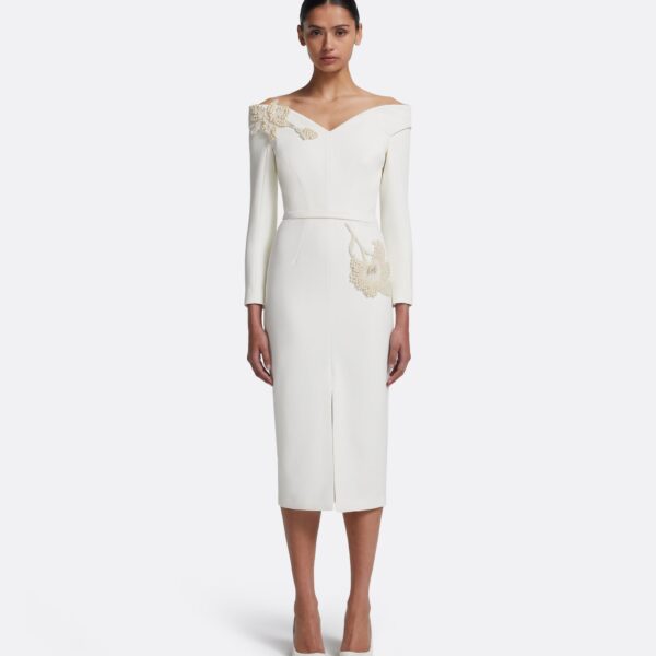 Safiyaa Asuman Midi Dress in Ivory with Pearl Embroidery - Safiyaa Dresses - Heavy Crepe Cape Gown - Shop at Coveti