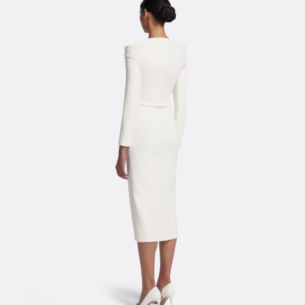 Safiyaa Asuman Midi Dress in Ivory with Pearl Embroidery - Safiyaa Dresses - Heavy Crepe Cape Gown - Shop at Coveti