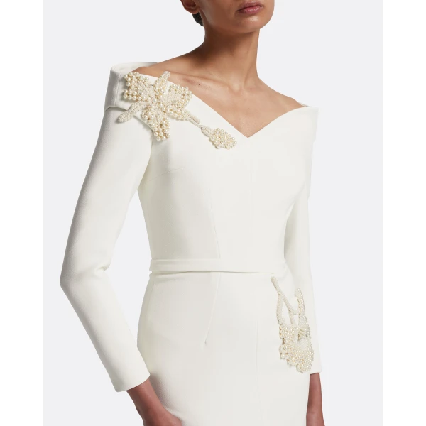 Safiyaa Asuman Midi Dress in Ivory with Pearl Embroidery, view 4