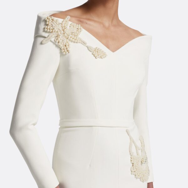 Safiyaa Asuman Midi Dress in Ivory with Pearl Embroidery - Safiyaa Dresses - Heavy Crepe Cape Gown - Shop at Coveti