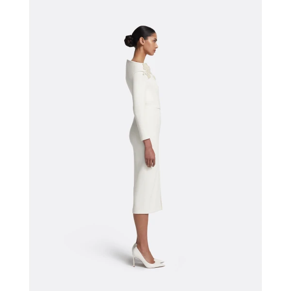 Safiyaa Asuman Midi Dress in Ivory with Pearl Embroidery, view 5