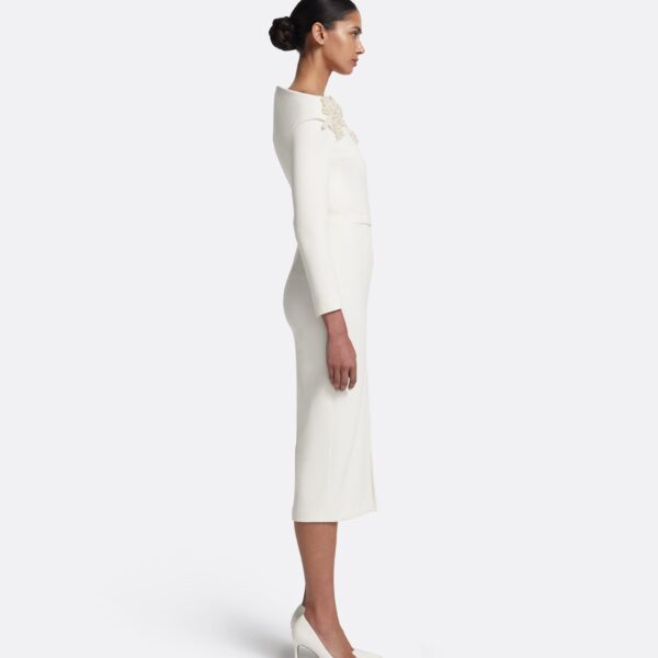 Safiyaa Asuman Midi Dress in Ivory with Pearl Embroidery - Safiyaa Dresses - Heavy Crepe Cape Gown - Shop at Coveti