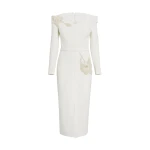Safiyaa Asuman Midi Dress in Ivory with Pearl Embroidery - Safiyaa Dresses - Heavy Crepe Cape Gown - Shop at Coveti