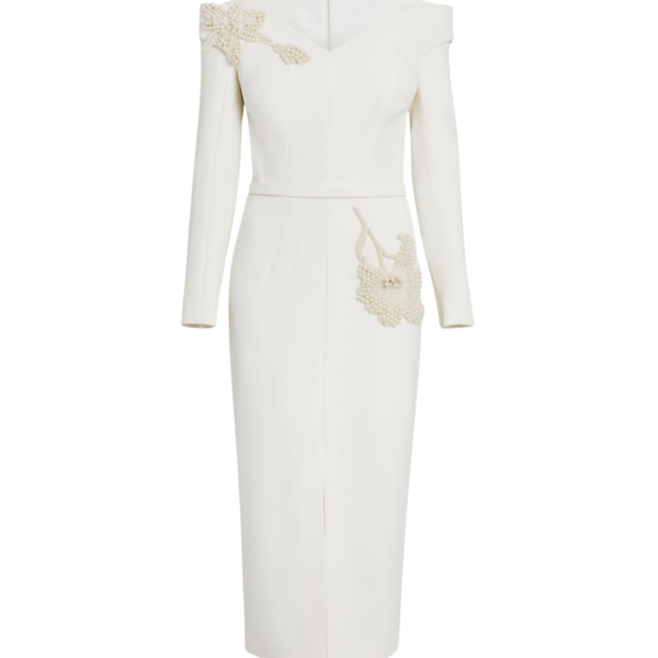 Safiyaa Asuman Midi Dress in Ivory with Pearl Embroidery - Safiyaa Dresses - Heavy Crepe Cape Gown - Shop at Coveti