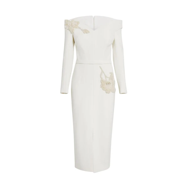 Safiyaa Asuman Midi Dress in Ivory with Pearl Embroidery - Safiyaa Dresses - Heavy Crepe Cape Gown - Shop at Coveti