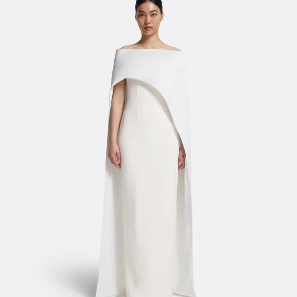 Safiyaa Azrael Long Dress & Maddox Harness in Porcelain - Safiyaa Dresses - Heavy Crepe Cape Gown - Shop at Coveti