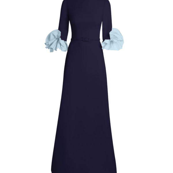 Safiyaa Belen Long Dress in Azurite & Vista - Safiyaa Dresses - Heavy Crepe Cape Gown - Shop at Coveti