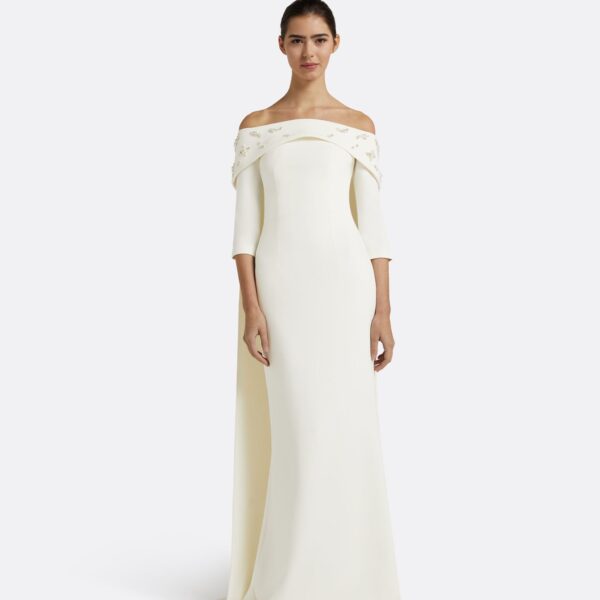 Safiyaa Bellara Pearl Floral Embroidered Ivory Harness & Soshin Dress - Safiyaa Dresses - Heavy Crepe Cape Gown - Shop at Coveti