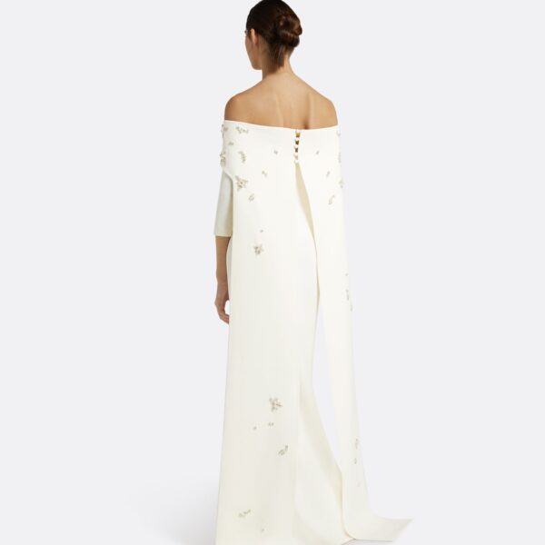 Safiyaa Bellara Pearl Floral Embroidered Ivory Harness & Soshin Dress - Safiyaa Dresses - Heavy Crepe Cape Gown - Shop at Coveti