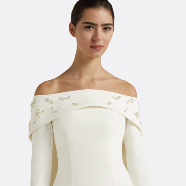 Safiyaa Bellara Pearl Floral Embroidered Ivory Harness & Soshin Dress - Safiyaa Dresses - Heavy Crepe Cape Gown - Shop at Coveti
