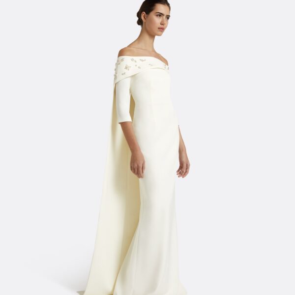 Safiyaa Bellara Pearl Floral Embroidered Ivory Harness & Soshin Dress - Safiyaa Dresses - Heavy Crepe Cape Gown - Shop at Coveti