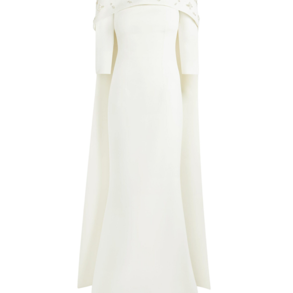 Safiyaa Bellara Pearl Floral Embroidered Ivory Harness & Soshin Dress - Safiyaa Dresses - Heavy Crepe Cape Gown - Shop at Coveti