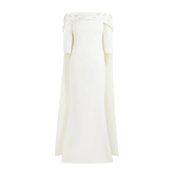 Safiyaa Bellara Pearl Floral Embroidered Ivory Harness & Soshin Dress - Safiyaa Dresses - Heavy Crepe Cape Gown - Shop at Coveti