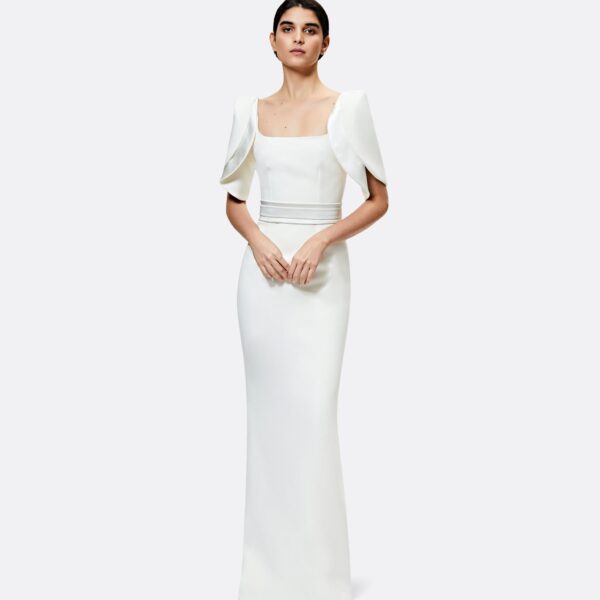Safiyaa Dara Ivory Long Dress - Safiyaa Dresses - Heavy Crepe Cape Gown - Shop at Coveti