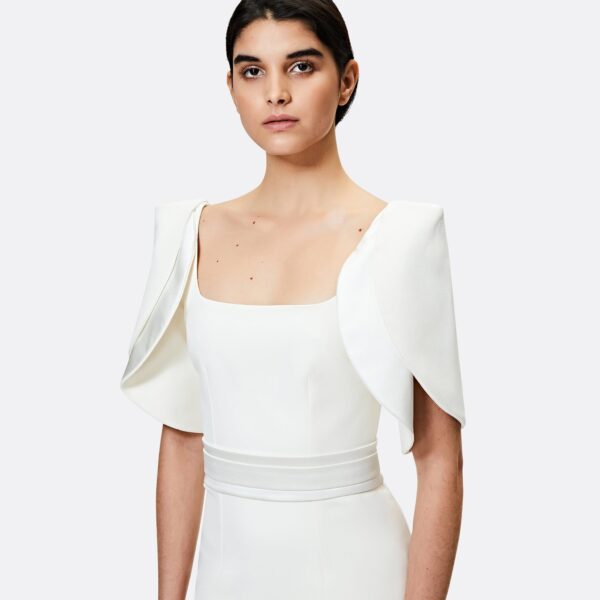 Safiyaa Dara Ivory Long Dress - Safiyaa Dresses - Heavy Crepe Cape Gown - Shop at Coveti