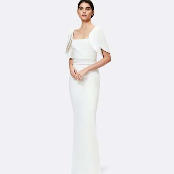 Safiyaa Dara Ivory Long Dress - Safiyaa Dresses - Heavy Crepe Cape Gown - Shop at Coveti