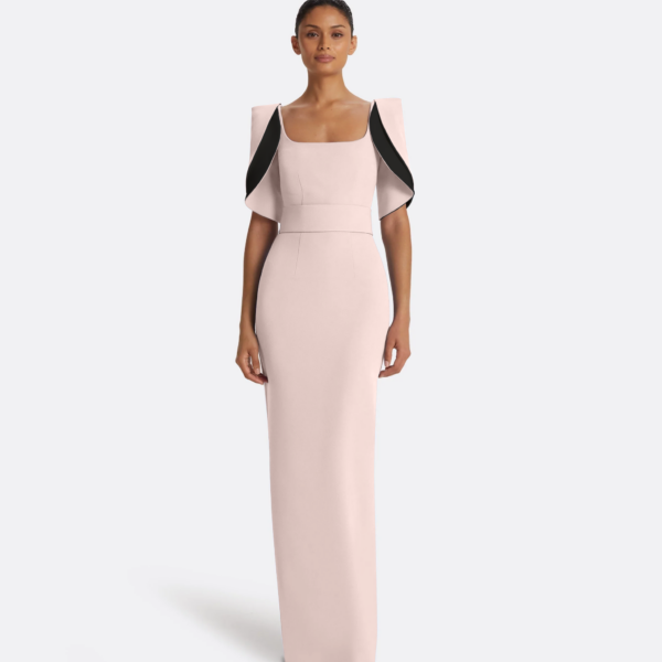 Safiyaa Dara Long Dress in Pale Pink & Black - Safiyaa Dresses - Heavy Crepe Cape Gown - Shop at Coveti