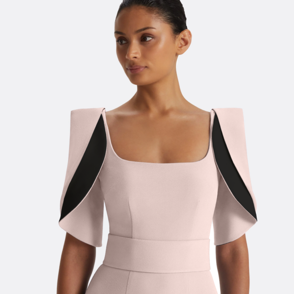 Safiyaa Dara Long Dress in Pale Pink & Black - Safiyaa Dresses - Heavy Crepe Cape Gown - Shop at Coveti