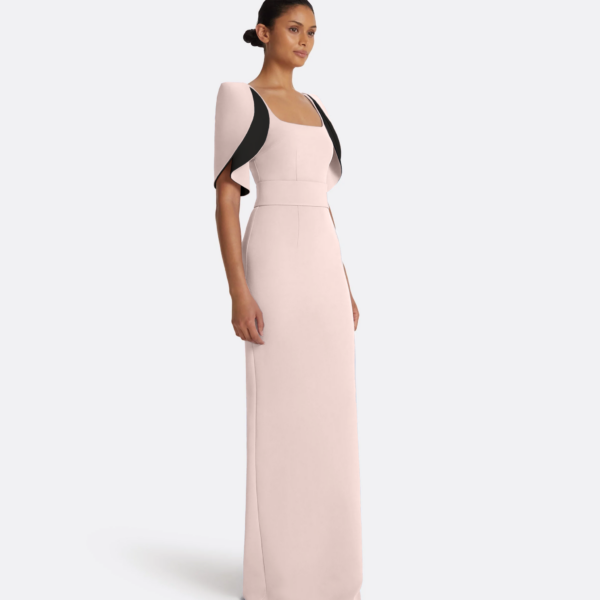 Safiyaa Dara Long Dress in Pale Pink & Black - Safiyaa Dresses - Heavy Crepe Cape Gown - Shop at Coveti