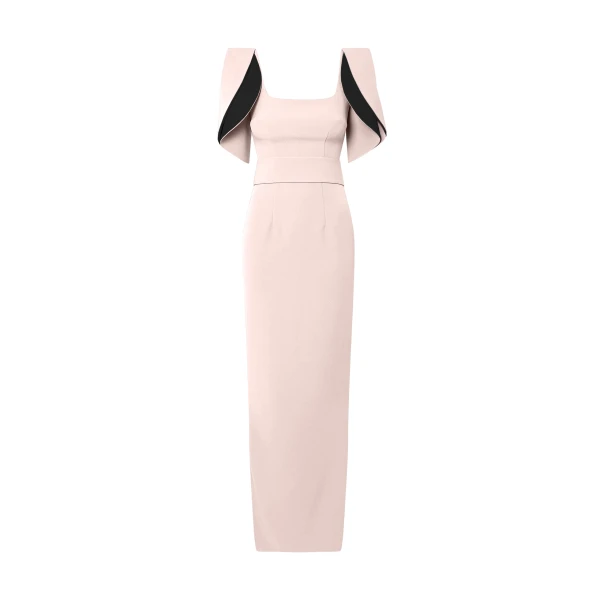 Safiyaa Dara Long Dress in Pale Pink & Black - Safiyaa Dresses - Heavy Crepe Cape Gown - Shop at Coveti