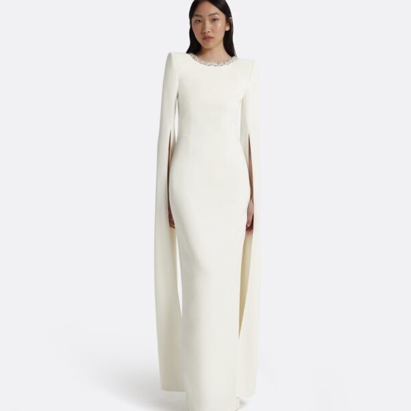 Safiyaa Destiny Ivory Long Dress - Safiyaa Dresses - Heavy Crepe Cape Gown - Shop at Coveti